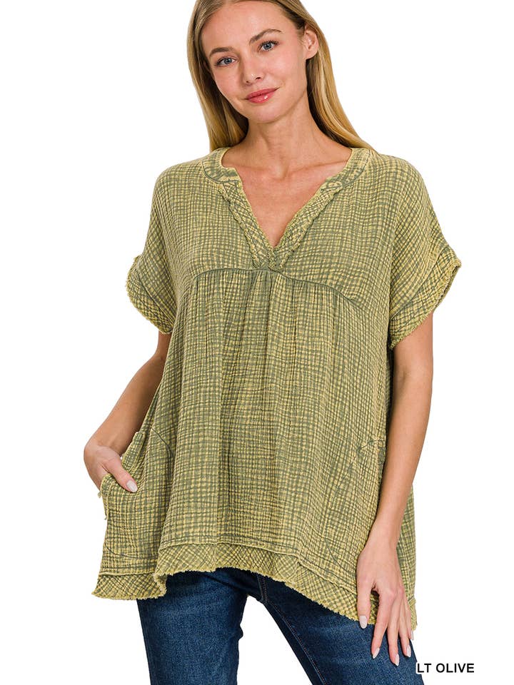 42POPS – wholesale Tunika - Dam – "Rå kant kortärmad V-ringad tröja2