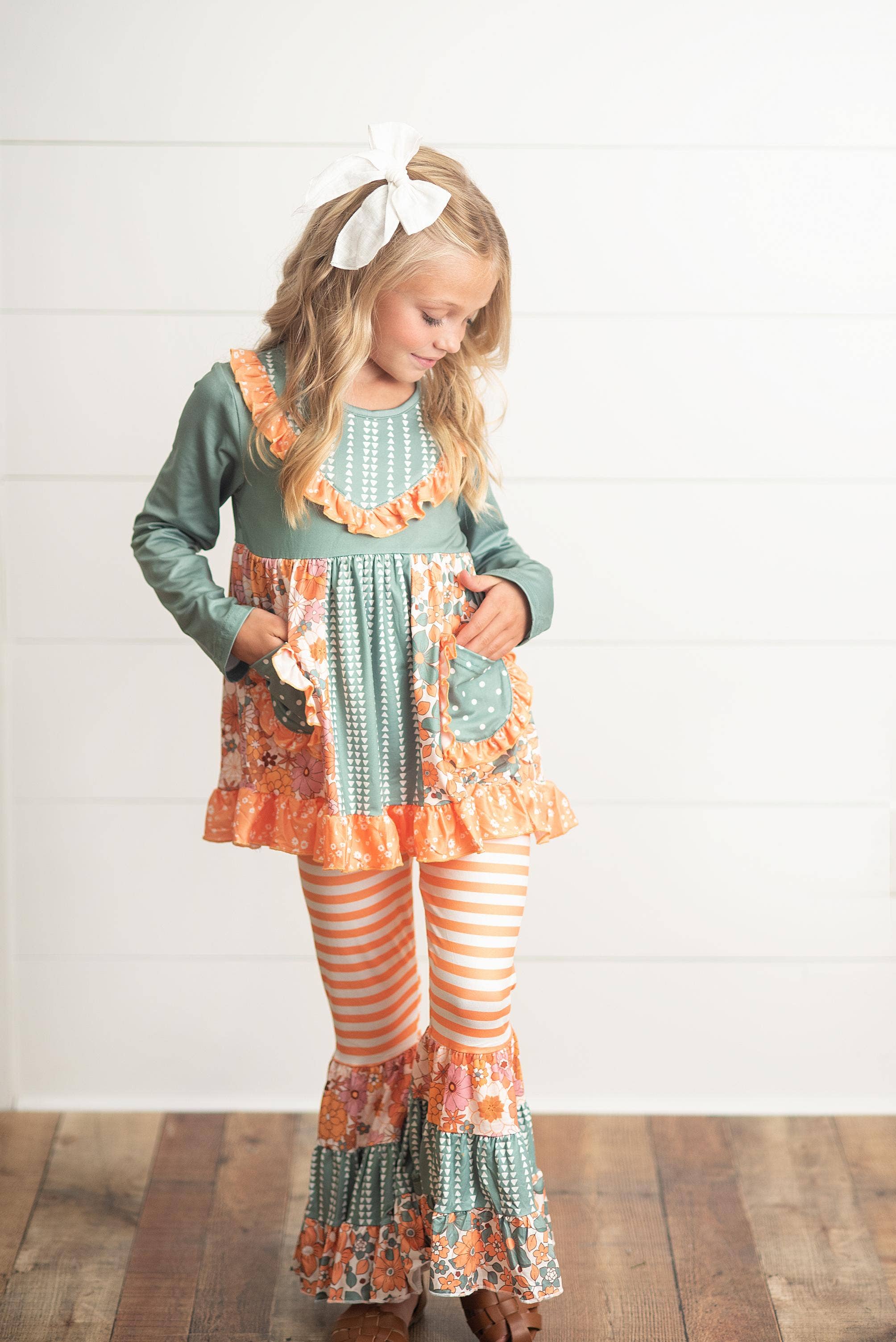 Adorable Sweetness - Wholesale Top & Pant Set - Kids - Kids Sage Floral Pocket Two Piece Bell Bottom Ruffle Set7