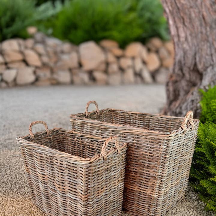Grey Set of 2 Rectangle Rattan Baskets for wholesale on Faire5