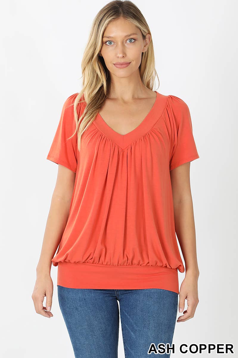 42POPS - Wholesale Blouse - Women's - ",.SHIRRED V-NECK SHORT SLEEVE TOP17