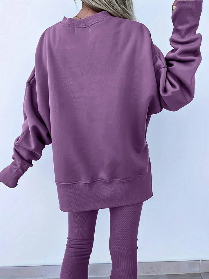 FULL TIME PURCHASE - Wholesale Lounge Set - Women's - Solid Color Oversize Slit Sweatshirt Ribbed Leggings 2pcsSet5