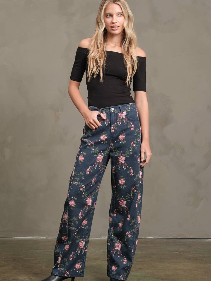 Floral Printed Barrel Leg Denim Pants - RB1061 for wholesale by RAISONNEL