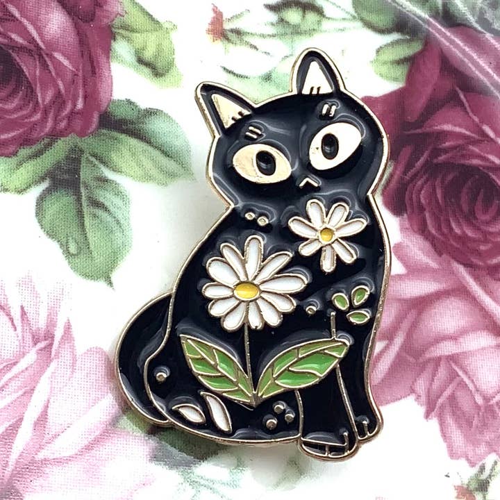 Gato Preto Flores Cor-de-Rosa Gatinho Pin de Esmalte Broche de Lapela por atacado de All Little Cute Things
