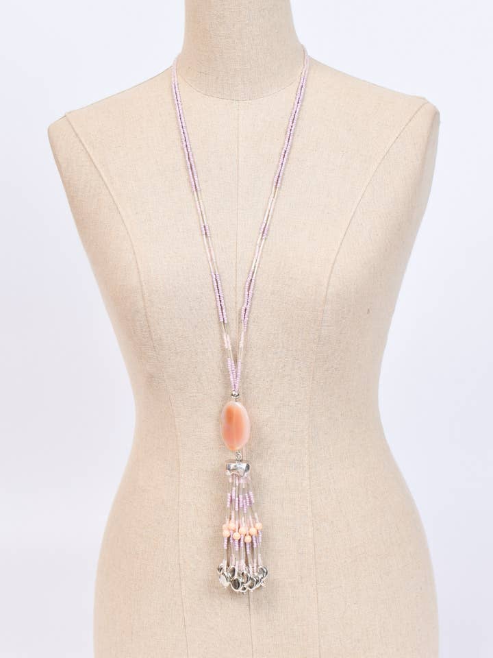 Long necklace with natural stone and tassels for wholesale by Victoria Moda