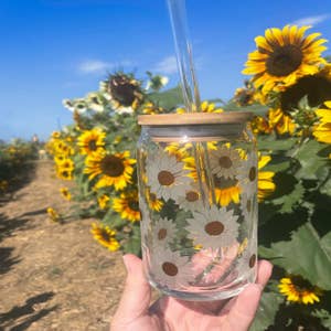 Sunflower 16 oz Glass Cup with Bamboo Lid from Emma K Designs