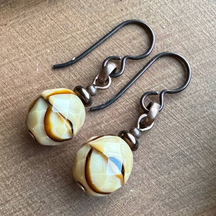 Ivory Swirl Chunky Czech Glass Ball Earrings - Fudge Ripple for wholesale by Vintage Earth