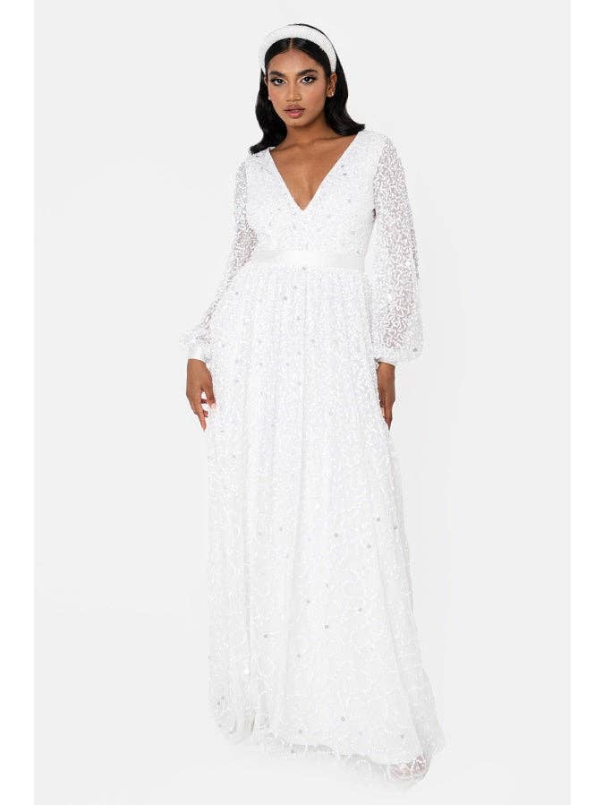 Vestido Comprido com Mangas Compridas e Decote em V Adornado da Maya Bridal por atacado de Plaza Collection Ltd