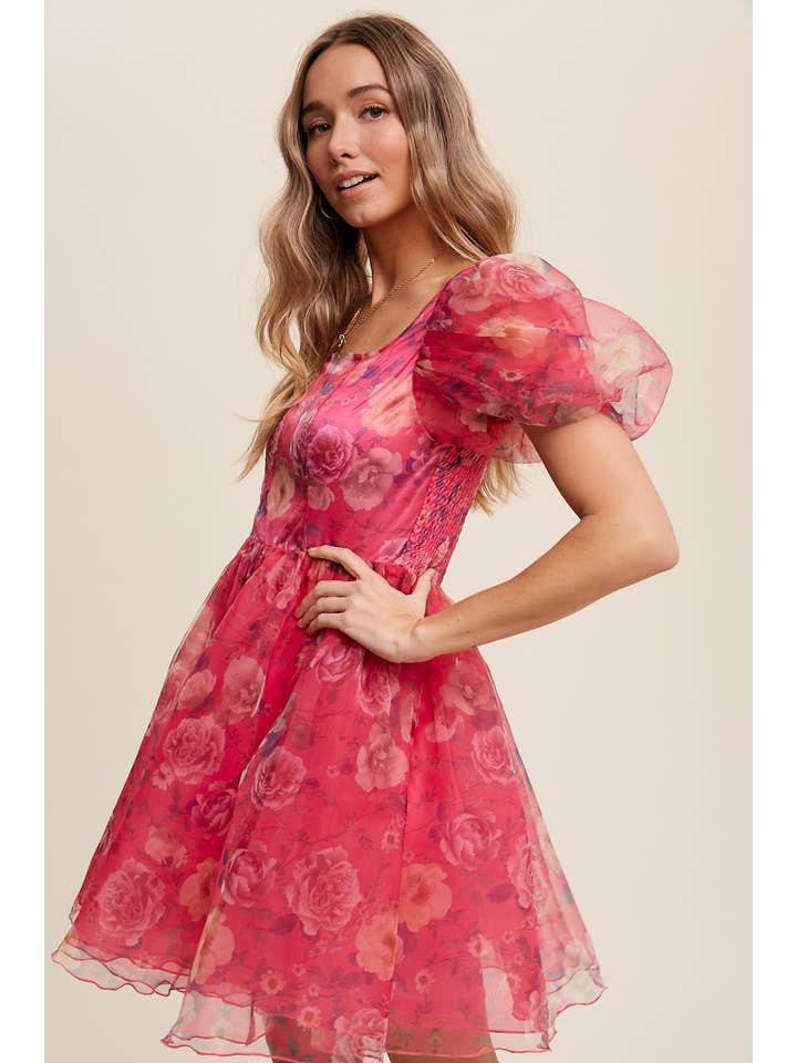 Listicle - Wholesale Dress - Women's - Floral Puff Sleeve Organza Mini Dress32