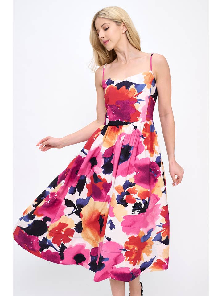 Pink coral Made in USA Floral Print Midi Dress with Smock Back Detail for wholesale on Faire