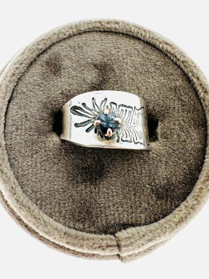 Bohemian Engraved Feather Ring with Montana Sapphire for wholesale by Peaces of Indigo