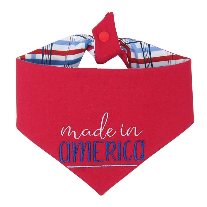 Made in America Embroidered Tie On Dog Bandana | Patriotic for wholesale by Winnie and the Hound