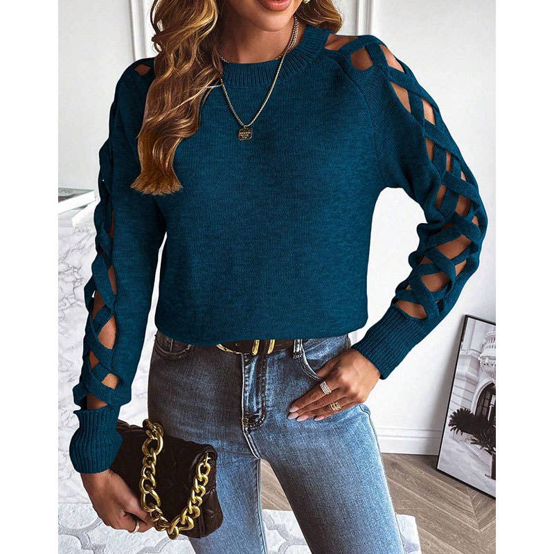 Anna Kaci Wholesale - Wholesale Knit Sweater - Women's - Long Sleeve Sweater with Lattice Cutout Sleeve Design1