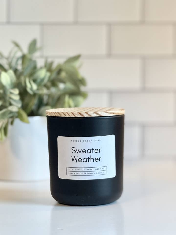 Sweater Weather 11.5 oz. Matte Black Candle Fall Winter for wholesale by Tickle Creek Soap