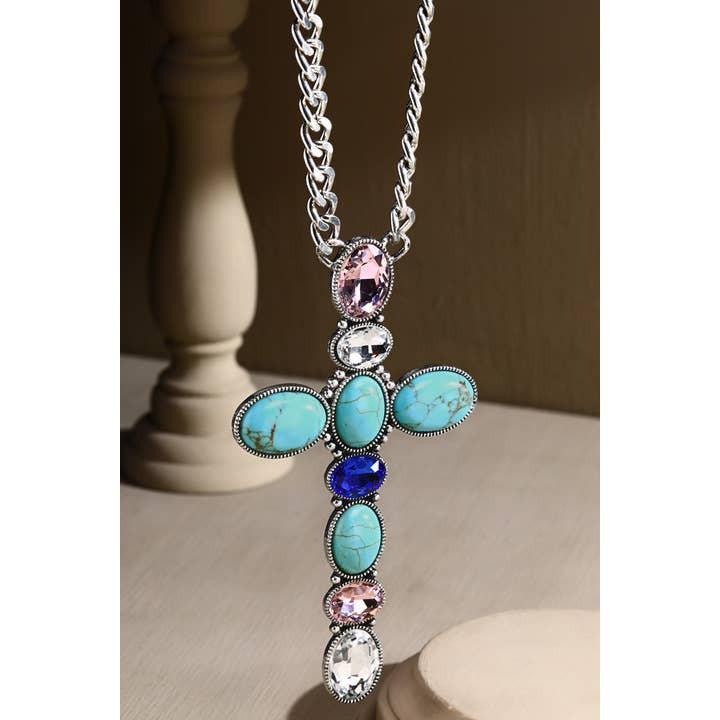 Multi Mul s Chain Link Necklace with Crystal & Stone Cross for wholesale on Faire