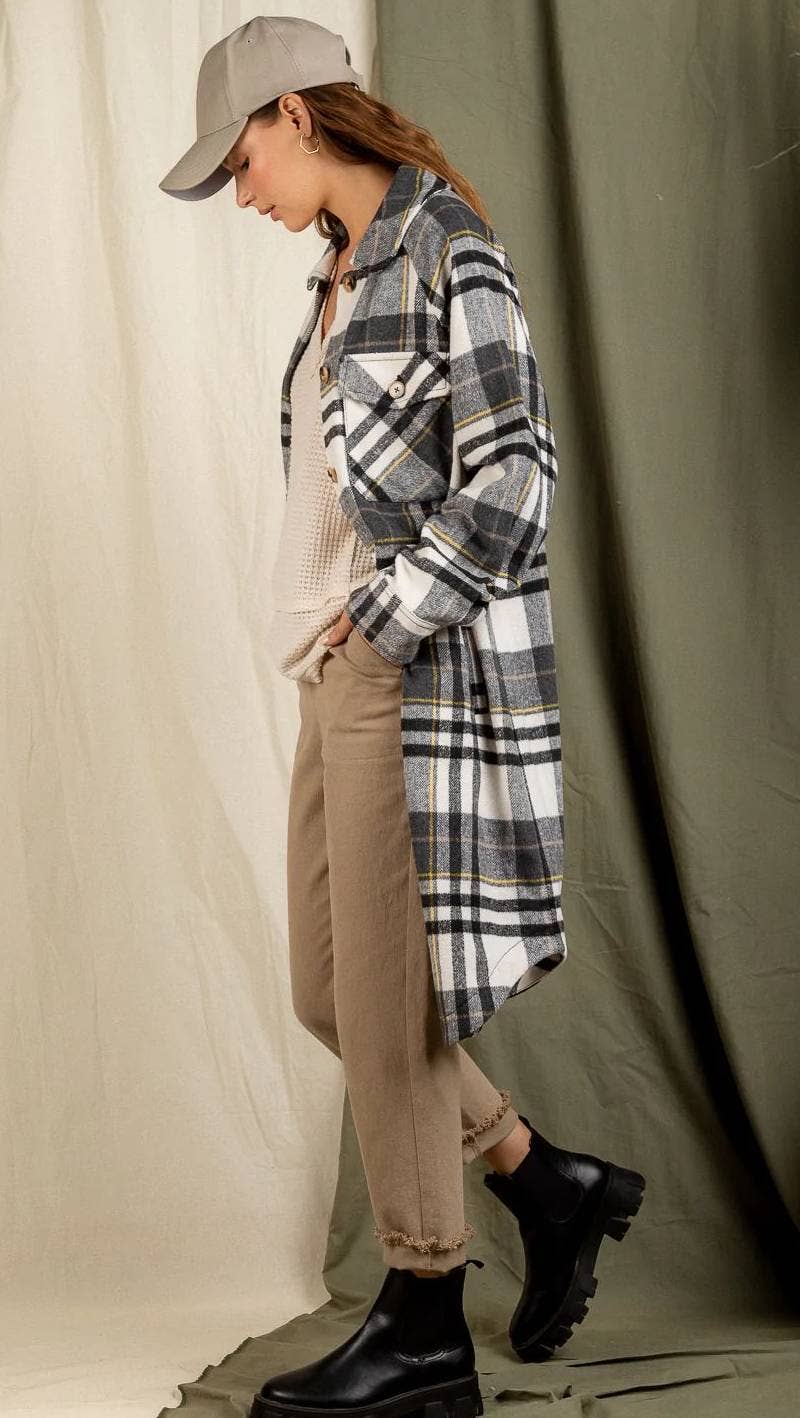 HIDDENBRAND - Wholesale Shirt Jacket/Shacket - Women's - Long Plaid Jacket With Large Lapel Pockets8