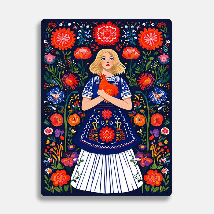 Kvinder Høne Kylling Blomster Skandinavisk Folk Metal Skilt Plade for engroshandel hos The British Metal Signs Company