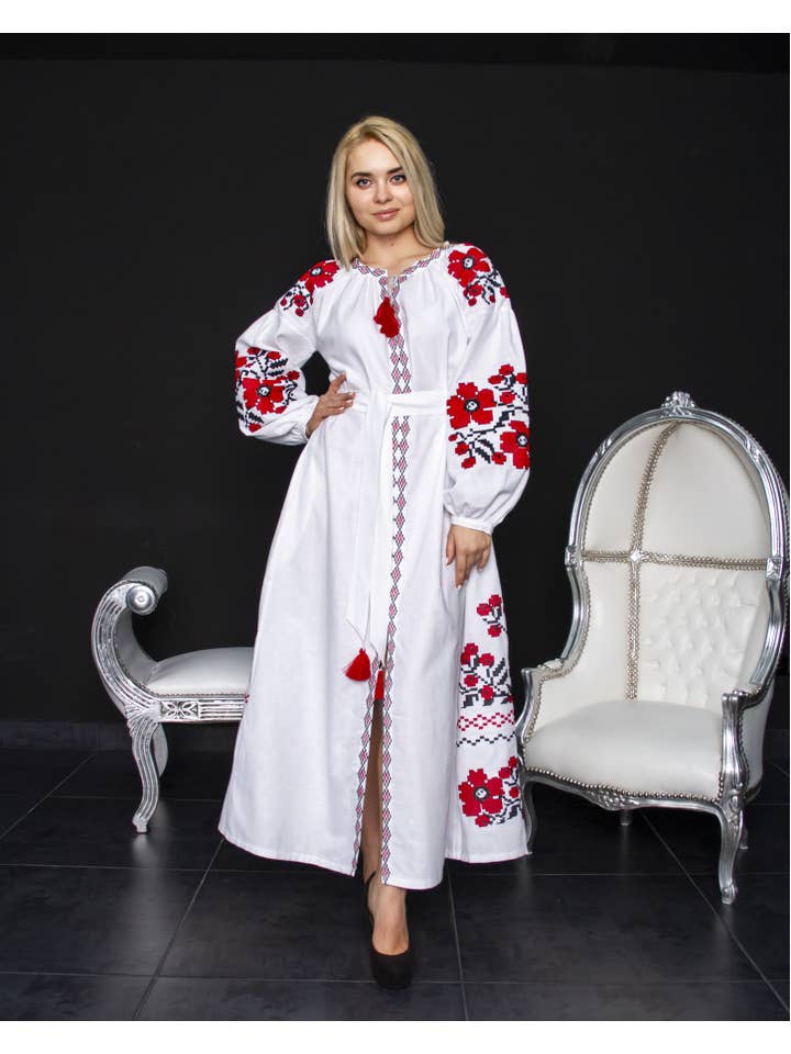 Galychanka - Venta al por mayor Vestido - Mujer - Vestido bordado blanco y rojo de bouquete parisino
