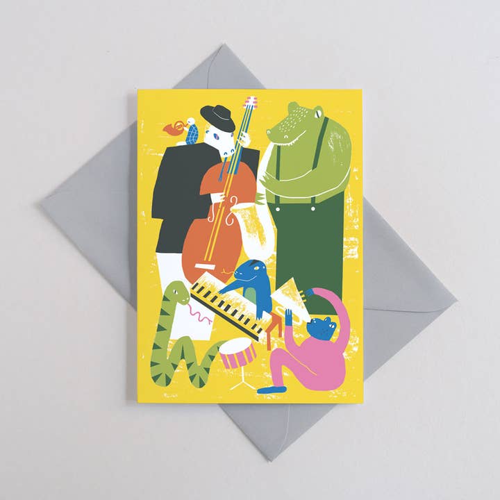 Jazzy Reptiles | Everyday greetings card | Music, animals for wholesale by Printer Johnson Ltd