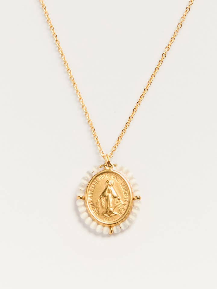 Santa Maria witte ketting met gouden medaille en halfedelstenen voor wholesale door Palas