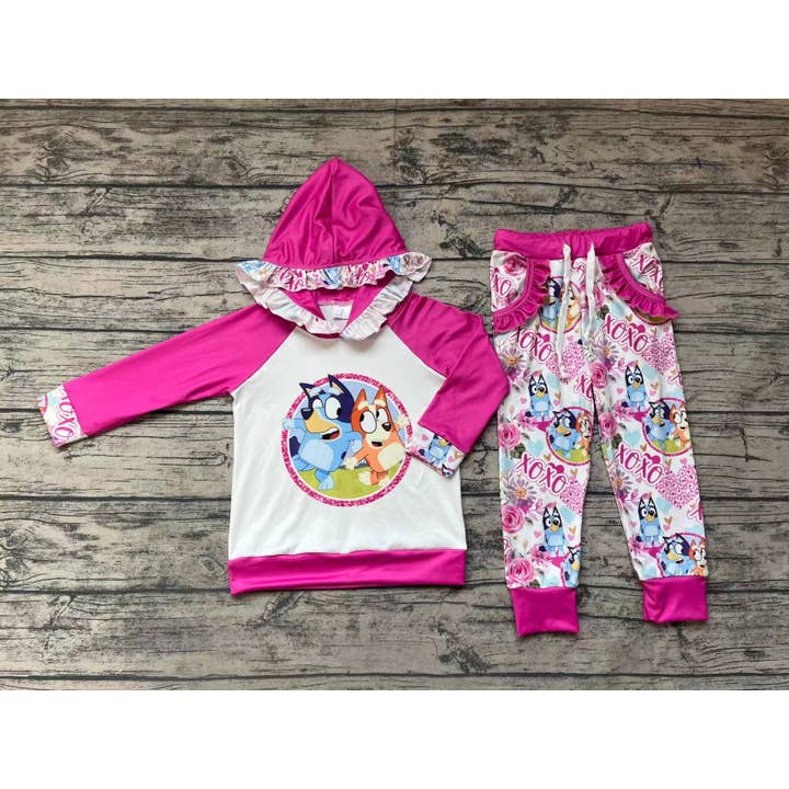 Aier Wholesale - Wholesale Top & Pant Set - Kids - Baby Girls Pink Hooded Long Sleeve Top Pants Valentines Dogs