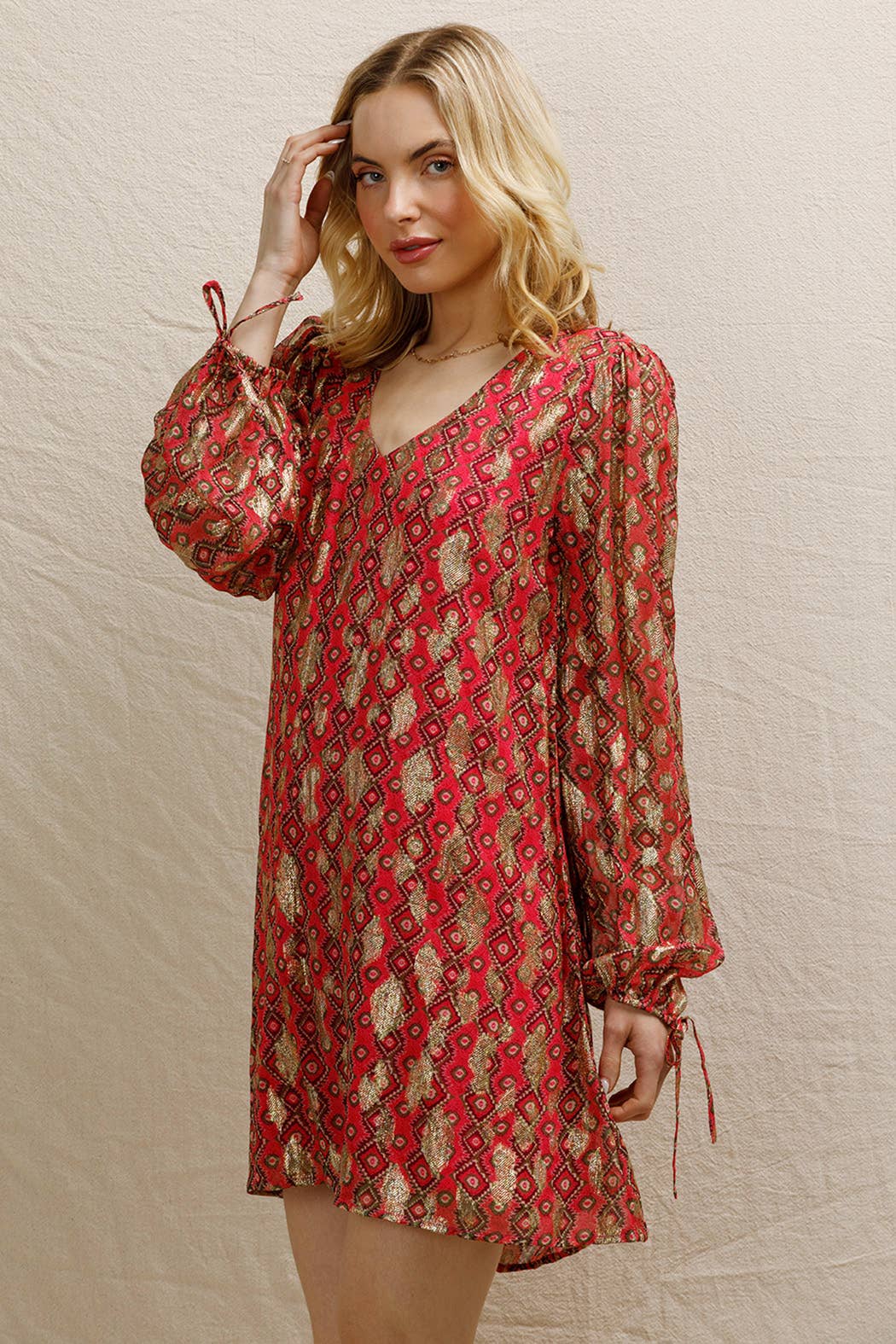 Rose Multi Mini-robe à manches longues à pois en lurex en vente sur Faire4