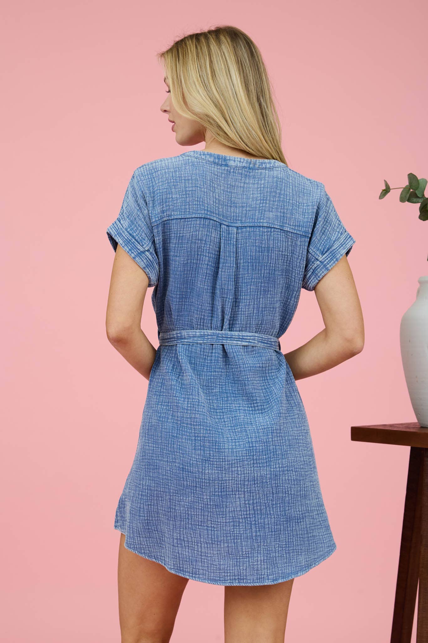 CHAMBRAY WASHED HALF BUTTON WAIST TIE MINI DRESS for wholesale on Faire1