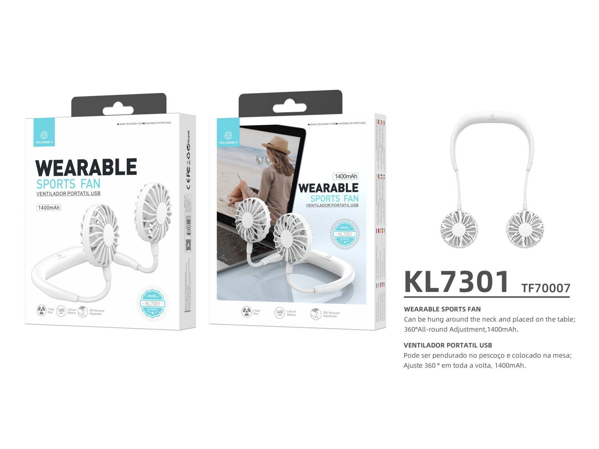 TECHANCY - Wholesale Handheld Electric Fan - Techancy Wearable Sports Fan, USB Rechargeable, 1400mAh Batt0