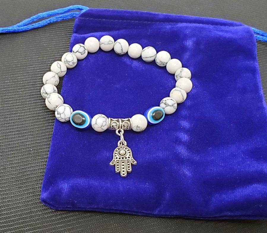 GREENROOTS USA LLC – wholesale Charm/dangle bracelet – Hamsa Hand Evil Eye W/ Howlite Bracelet W/ Velvet Bag0