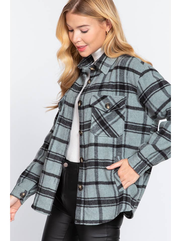 Active Basic | Active USA - Wholesale Shirt Jacket/Shacket - Women's - Long Sleeve Wool Blend Plaid Button Down Casual Jacket