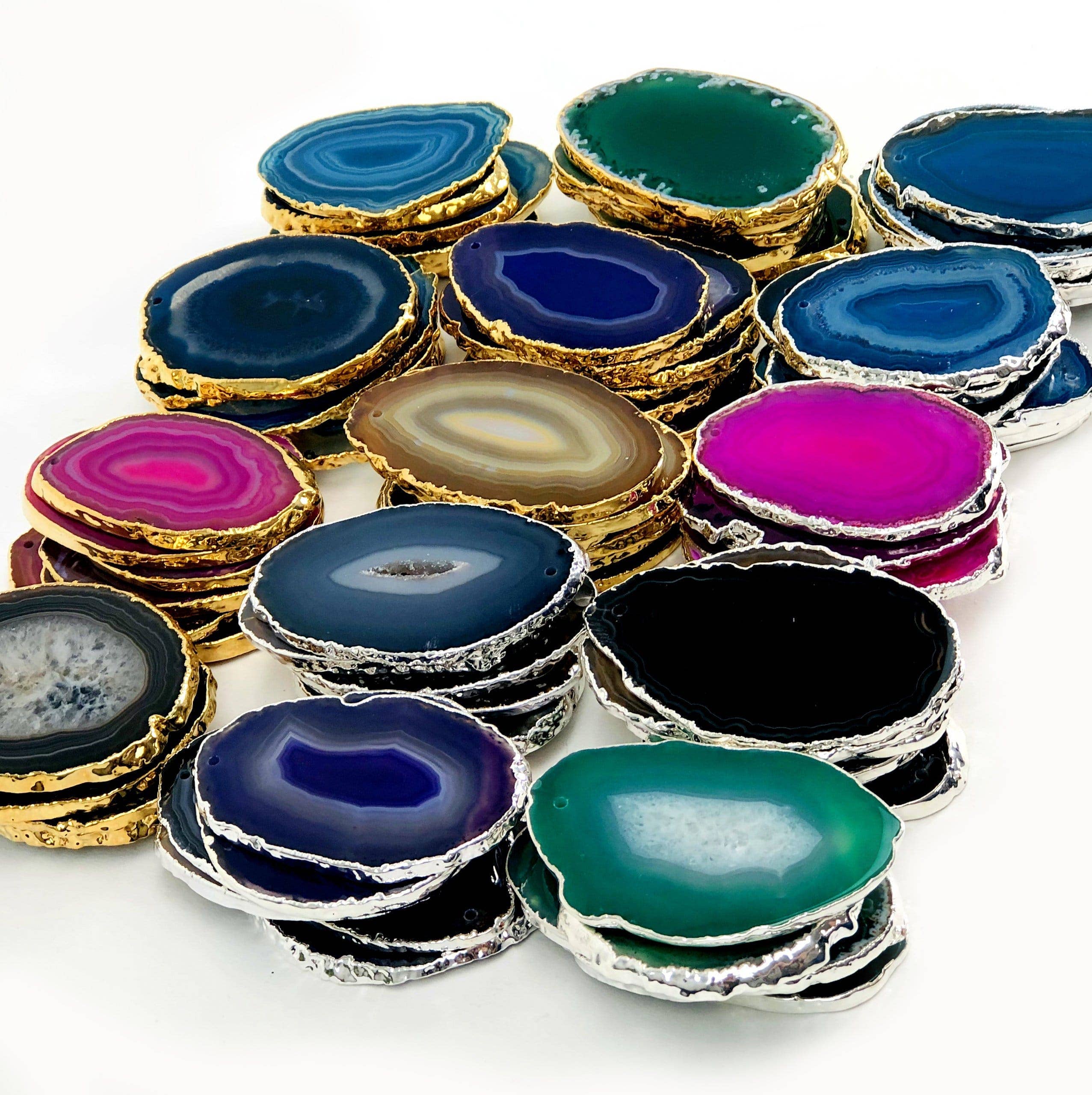 Rock Paradise – wholesale Spiritual stone/crystal – Crystal Agate Slice Plated Edge Top Drilled  (3BROWNSHELF)3