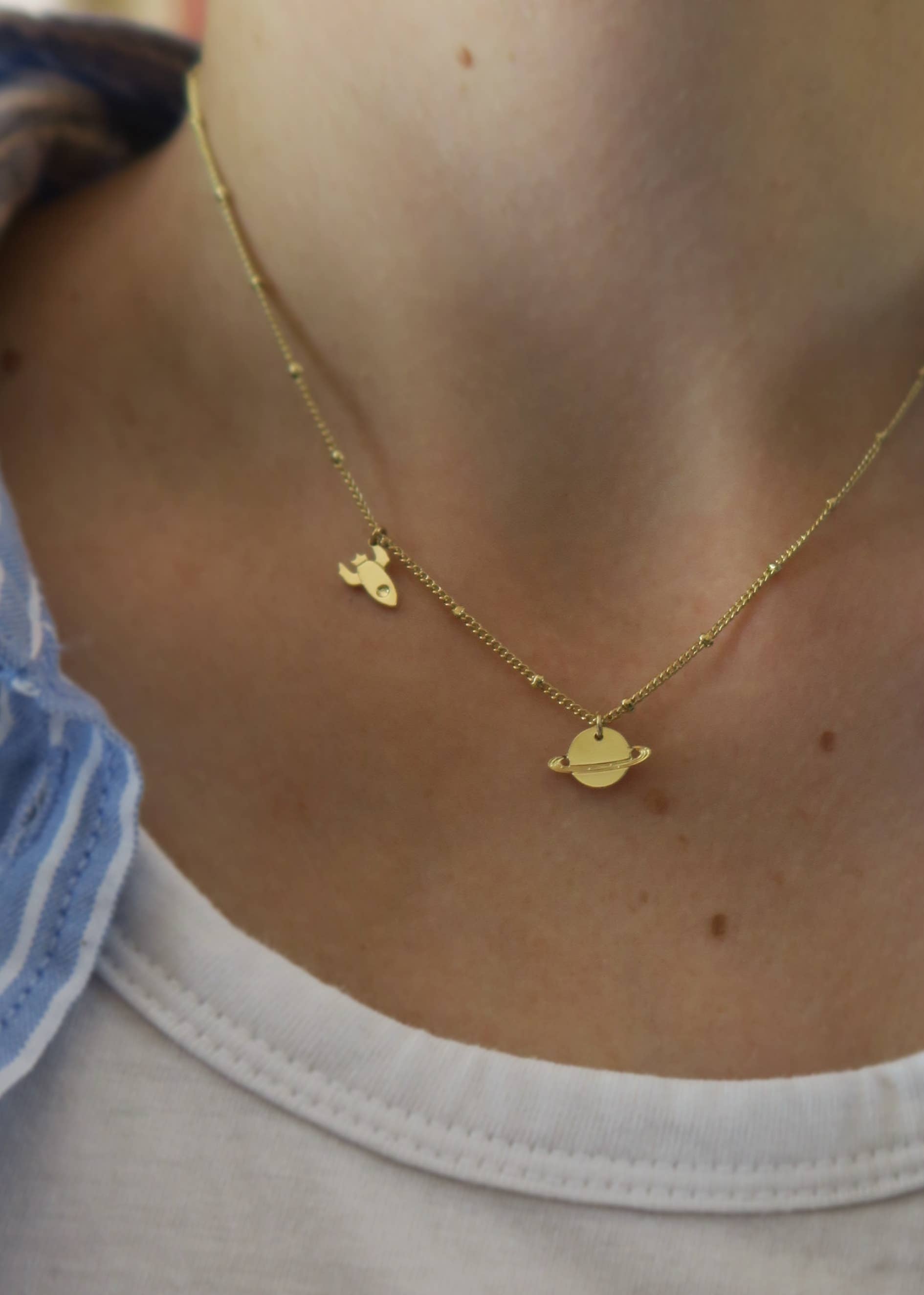 Yellow gold Mini planet Saturn and mini rocket necklace for wholesale on Faire1