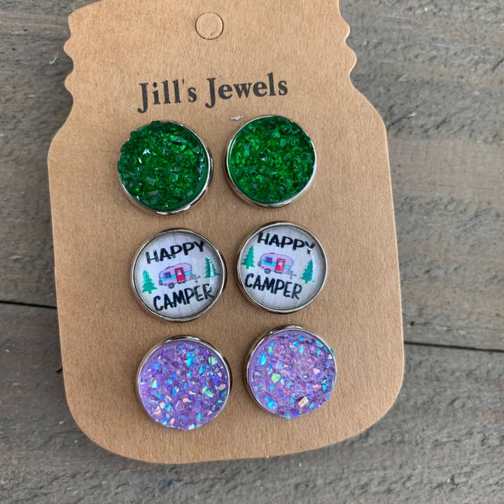 Happy camper Triple Faux Druzy 3 Earring Set for wholesale by Jill's Jewels