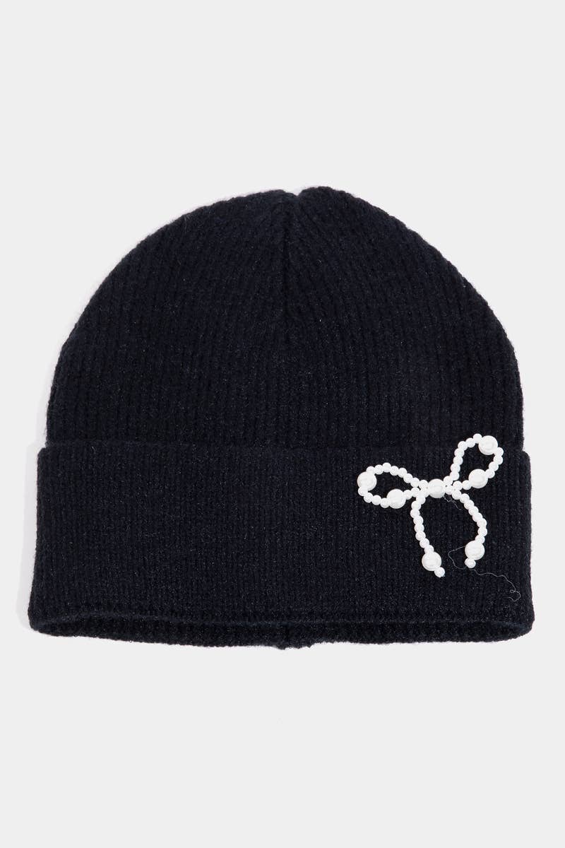 Collections by Fame Accessories - Wholesale Beanie - Women's - Pearl Beaded Ribbon Bow Charm Knitted Beanie3