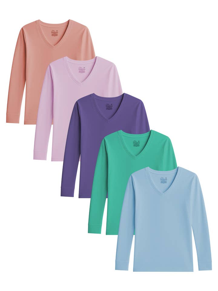 I-Wear Brands - Wholesale T-Shirt - Women's - 5 Pack Women's V-Neck Cotton Long Sleeve Base Layer