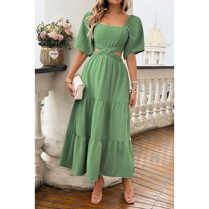 Vestido sólido con cuello cuadrado, recorte cruzado y volantes. para venta al por mayor de Supreme Fashion