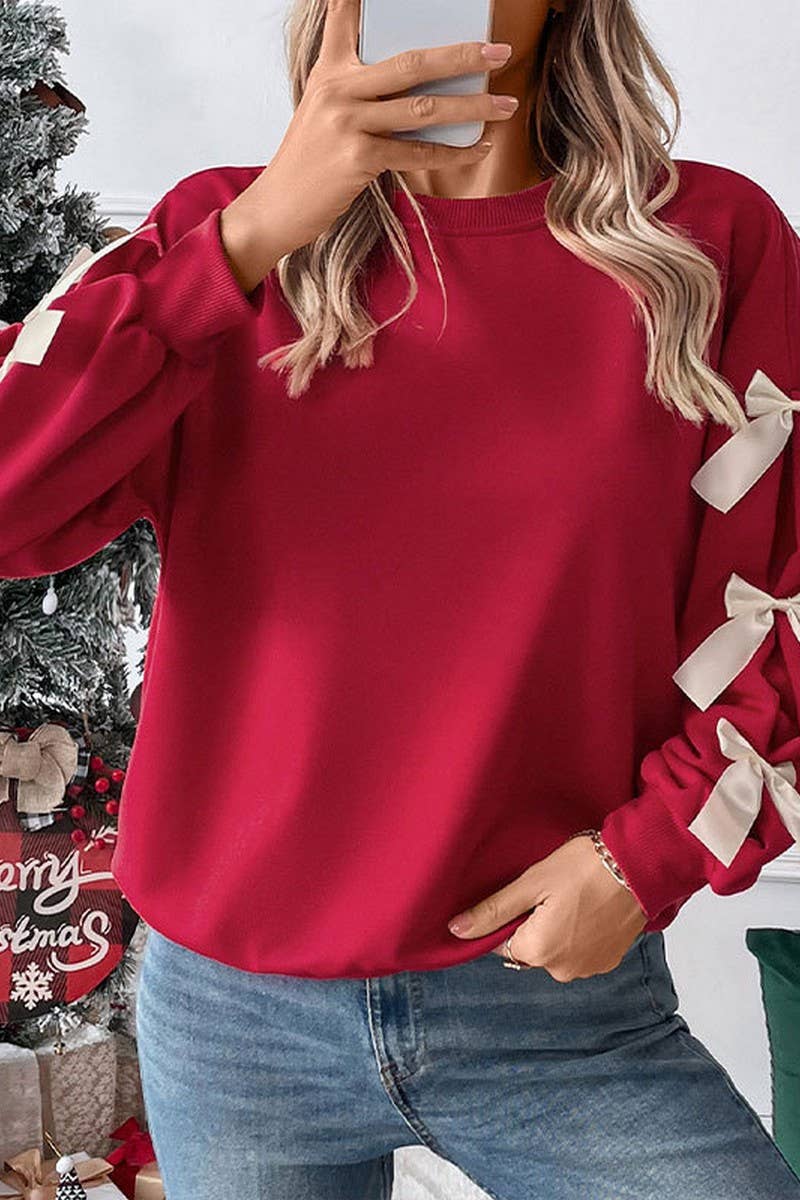 NINEXIS - Vente Chemisier – femme - CWTBLL4035_PULL DE NOËL À COL ROND AVEC NŒUD ROUGE0