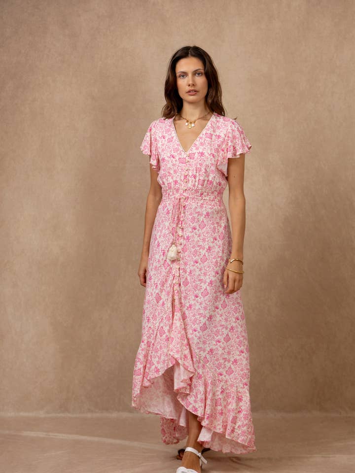 Lange kjoler med blomsterprint, v-hals med knude for engroshandel hos last queen