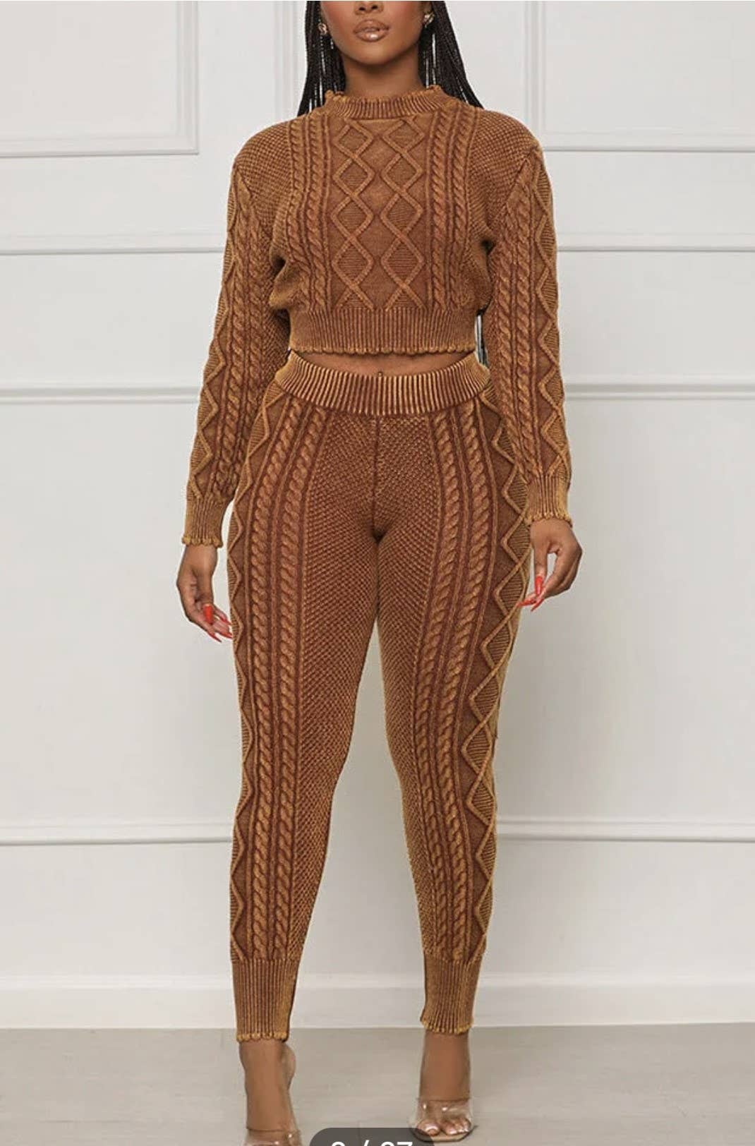 Beige MINERAL WASHED TWIST CABLE CROP TOP AND JOGGER SET for wholesale on Faire1