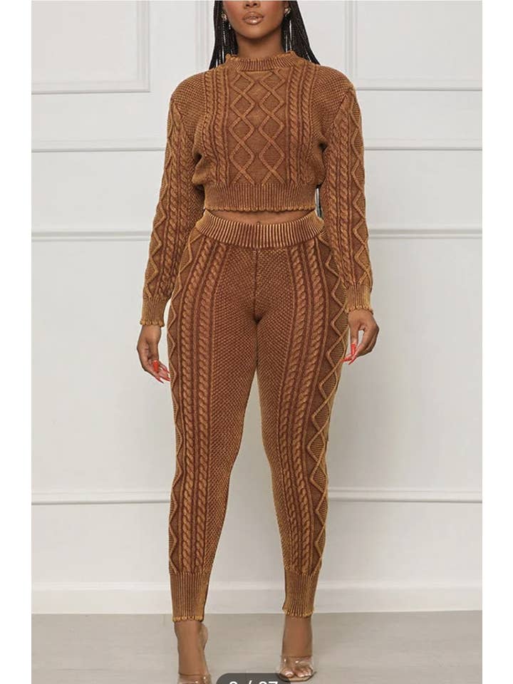 Beige MINERAL WASHED TWIST CABLE CROP TOP AND JOGGER SET for wholesale on Faire1