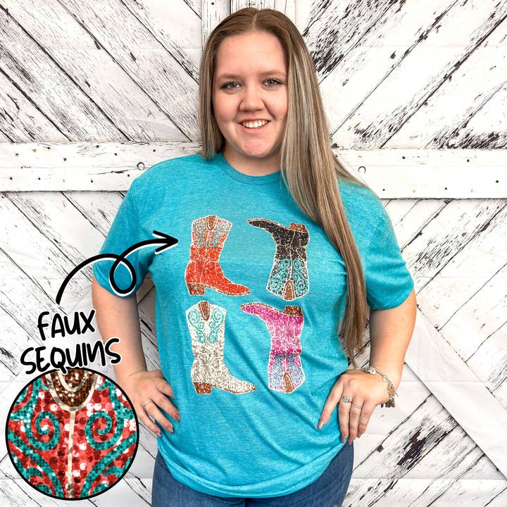 Faux Sequins Rodeo Boots Tee for wholesale by Daydreamer Designs