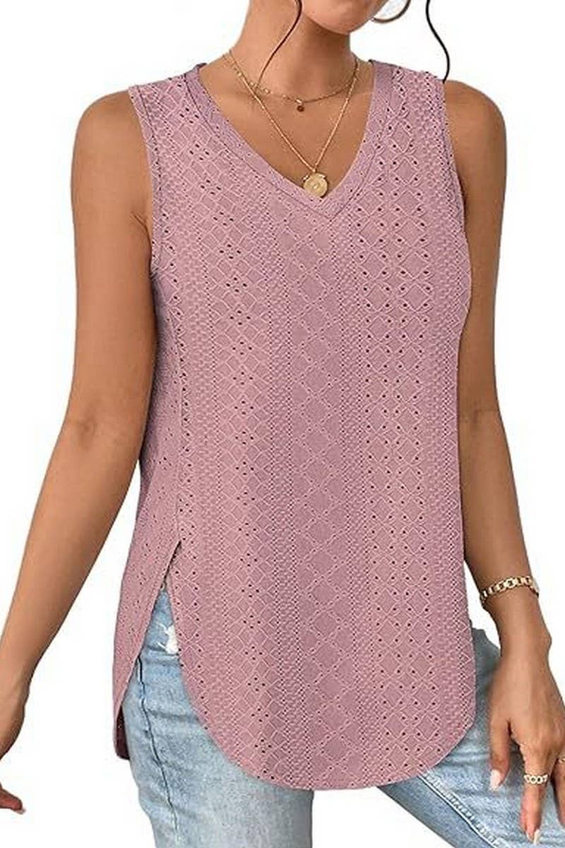 Lily Clothing - Wholesale Tunic - Women's - V NECK SLEEVELESS SLIT SOLID COLOR CASUAL SHIRT_CWTSTSL006910