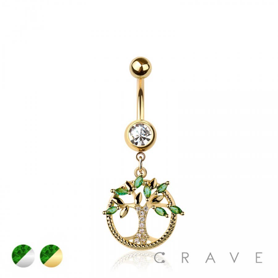 CRAVE - Wholesale Belly Ring - 316L SURGICAL STEEL TREE OF LIFE DANGLE BELLY BUTTON NAVEL R2