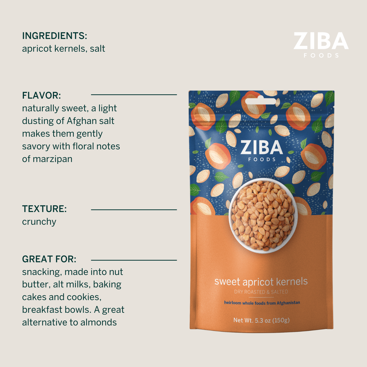 Ziba Foods – Großhandel Nüsse – Süße Aprikosensamen (trocken geröstet und gesalzen), vegan 5 oz7