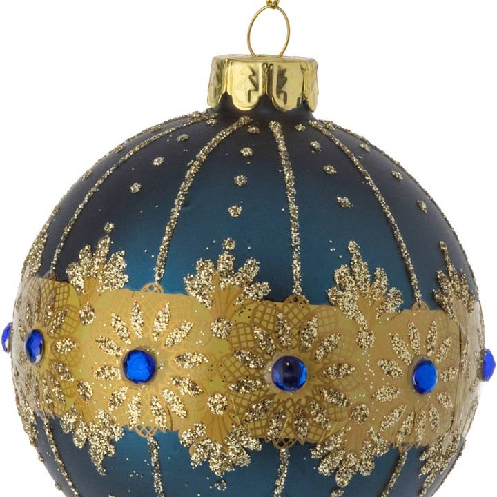 G74162: Mat dk blu gls ball,gld motf,glit&blu cabchn orn,3in for wholesale by Silver Tree Home & Holiday