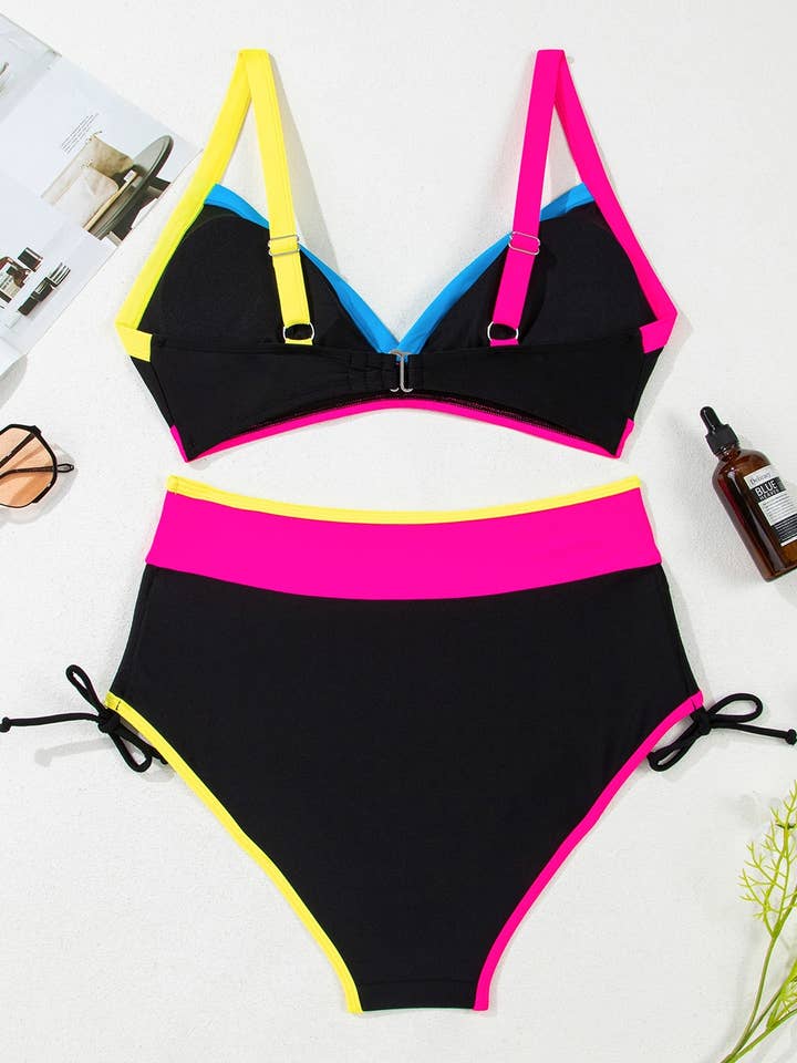 Black Color Block Drawstring Side V Neck High Waist Bikini Set for wholesale on Faire