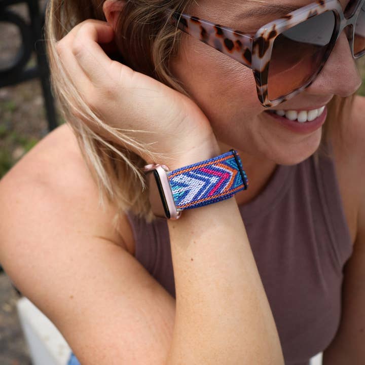 Blue Aztec Adjustable Fabric Apple Watch Band for wholesale by Thomas and Lee Company