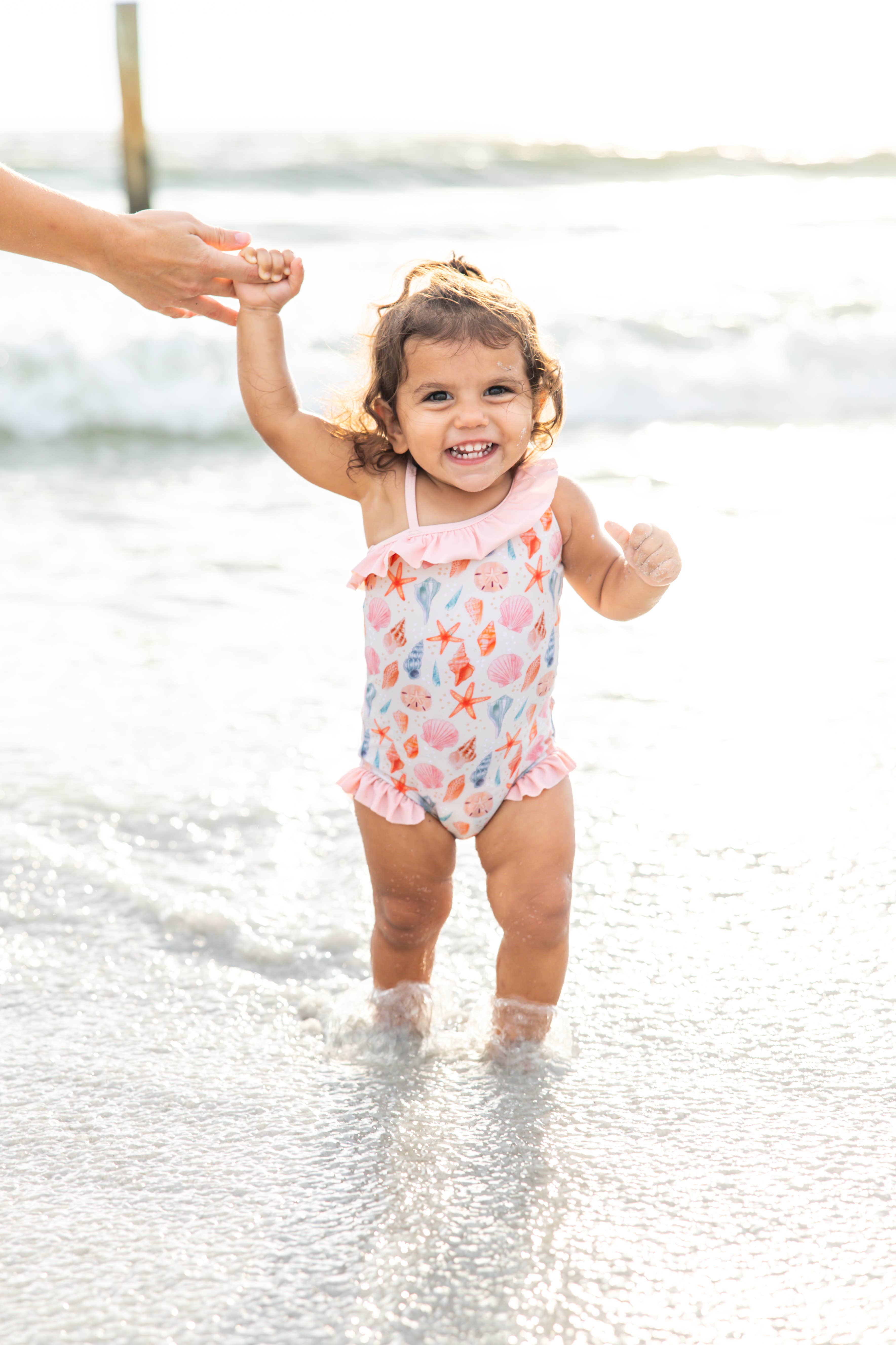 Beige Multi Sandy Seashells Beachy Girls Swimsuit One Piece Bathing Suit for wholesale on Faire1