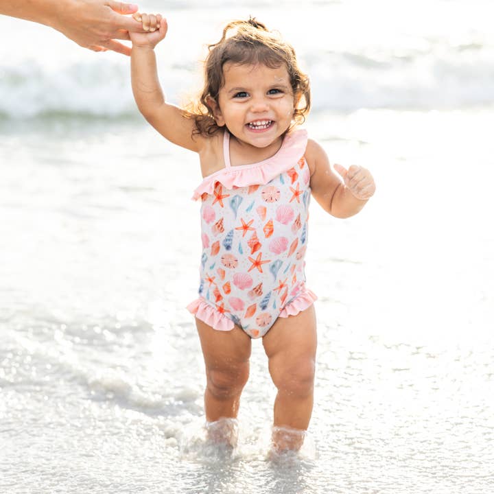 Beige Multi Sandy Seashells Beachy Girls Swimsuit One Piece Bathing Suit for wholesale on Faire1