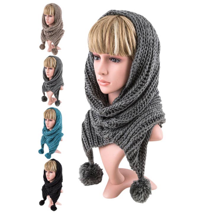 Loose Knit PomPom Convertible Hoody Neck Warmer for wholesale by LA Jewelry Plaza
