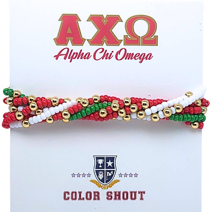 B201 AXO- Alpha Chi Omega Farver Stak: Sæt med 6 Perlearmbånd med Elastik for engroshandel hos Color Shout